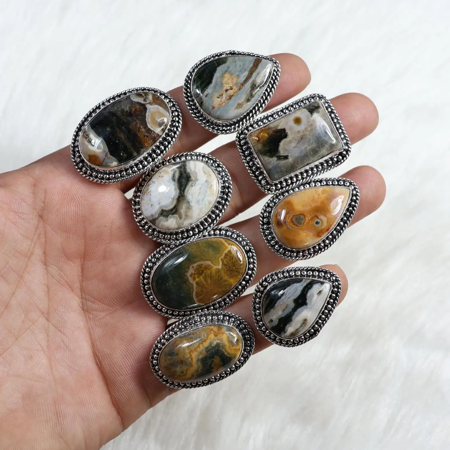 Natural Ocean Jasper Ring for Wife Handmade Cabochon Rings Ocean Jasper Gemstone Jewelry Silver Plated Ring Lot Birthday Gift