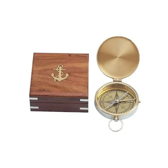 Good quality nautical brass magnetic compass with hard wooden box case marine brass directional compass manufactured in India
