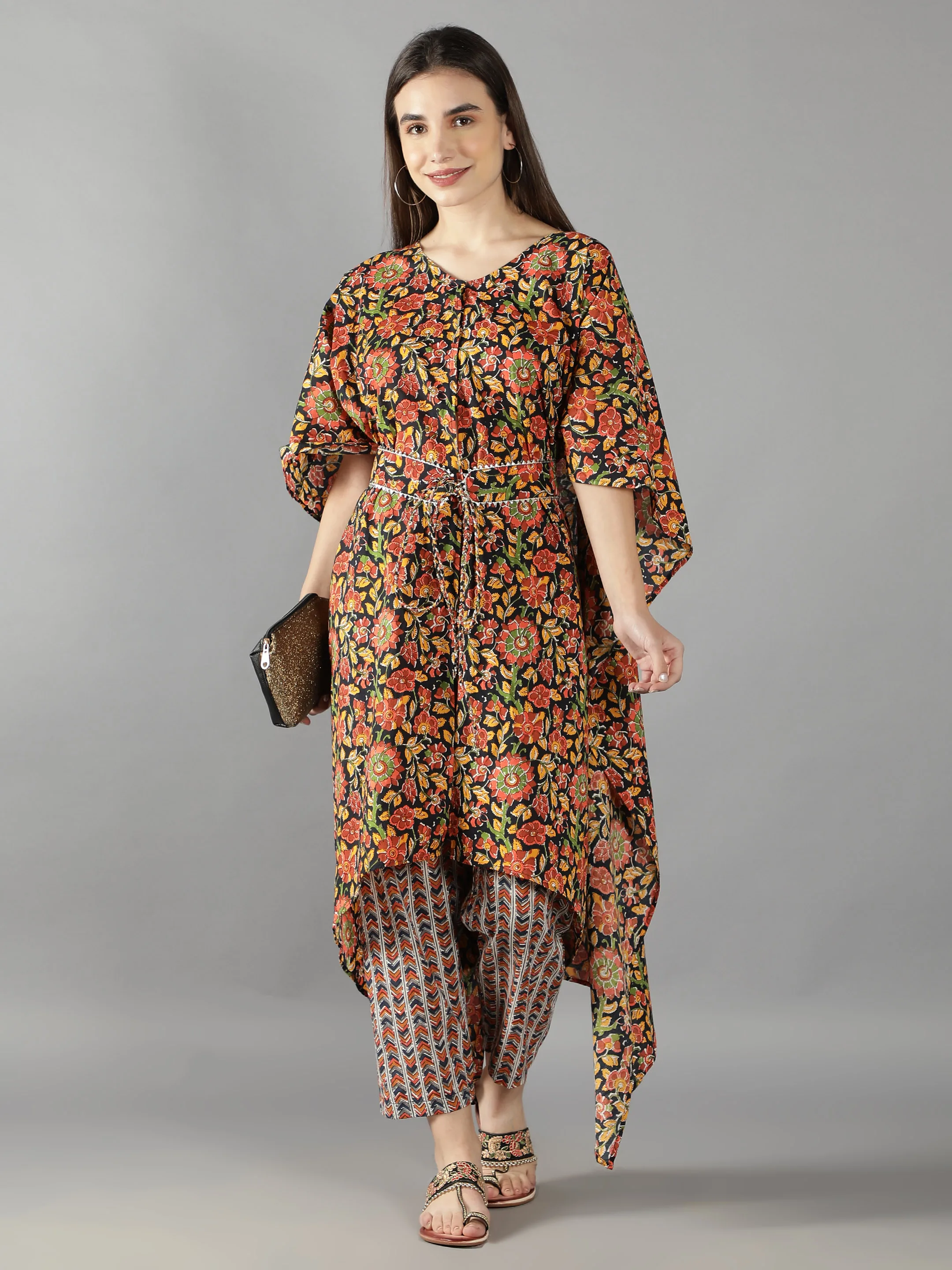 Evening Blue Handblock Floral Print Kaftan kurta with Gota Detailing Belt and Geomtery Print Pant Summer Women Kurta Sets