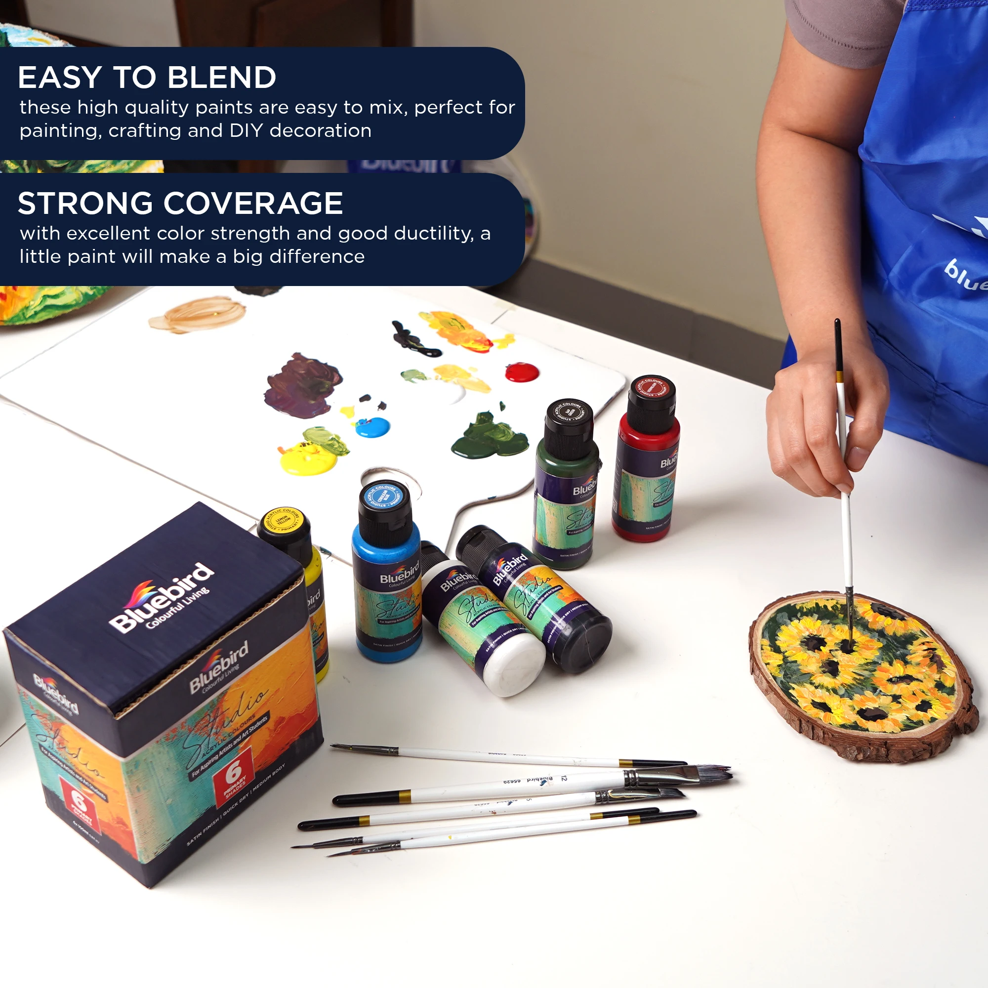 BLUEBIRD Studio Acrylic Paints, 100ML x 6-Pack 0.85 Fl Oz each, Basic Acrylic Paint For Kids, Students & Beginner Artists