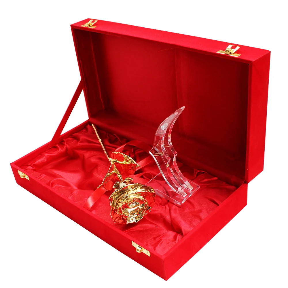 Hot selling valentine Gifts 24k Rose Gold plated Natural Rose with vase and velvet box Natural rose dipped in 24 k Rose Gold