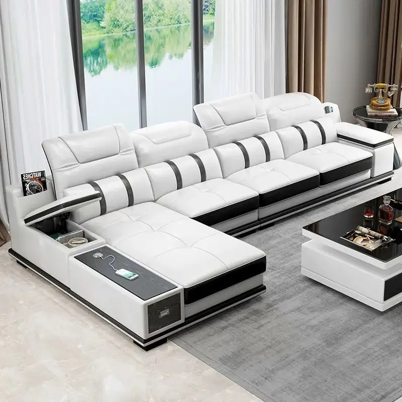 Combination Audio Art First Layer Cowhide Complete Large Apartment Corner Furniture Simple Leather Sofa