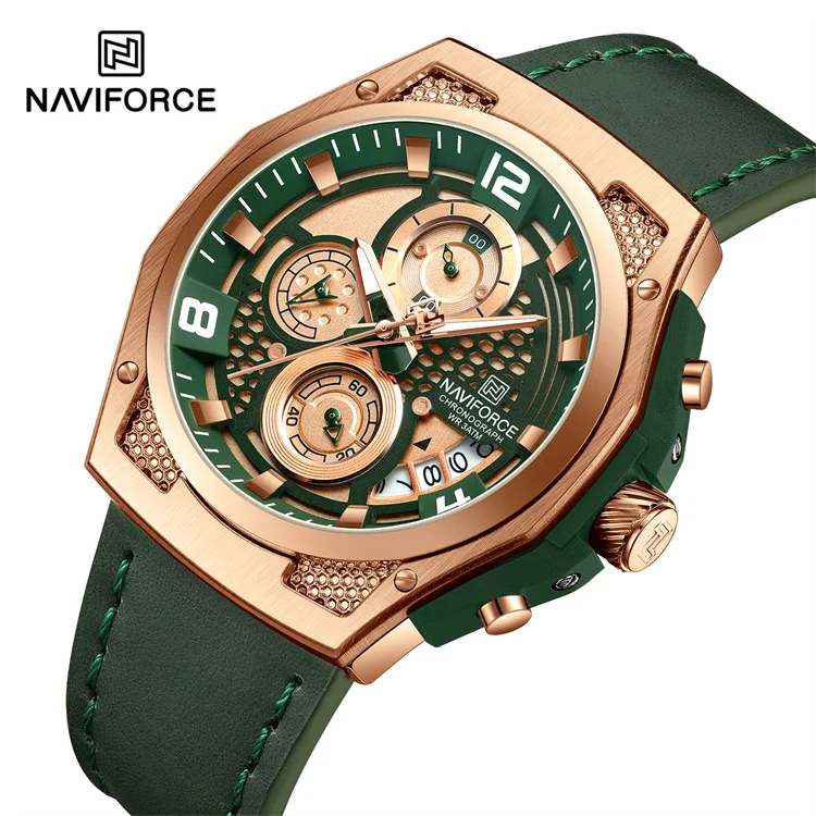 NAVIFORCE 8051L RGGNGN оригинальные брендовые новые мужские кварцевые наручные часы спортивные часы с хронографом на кожаном ремешке для подарка