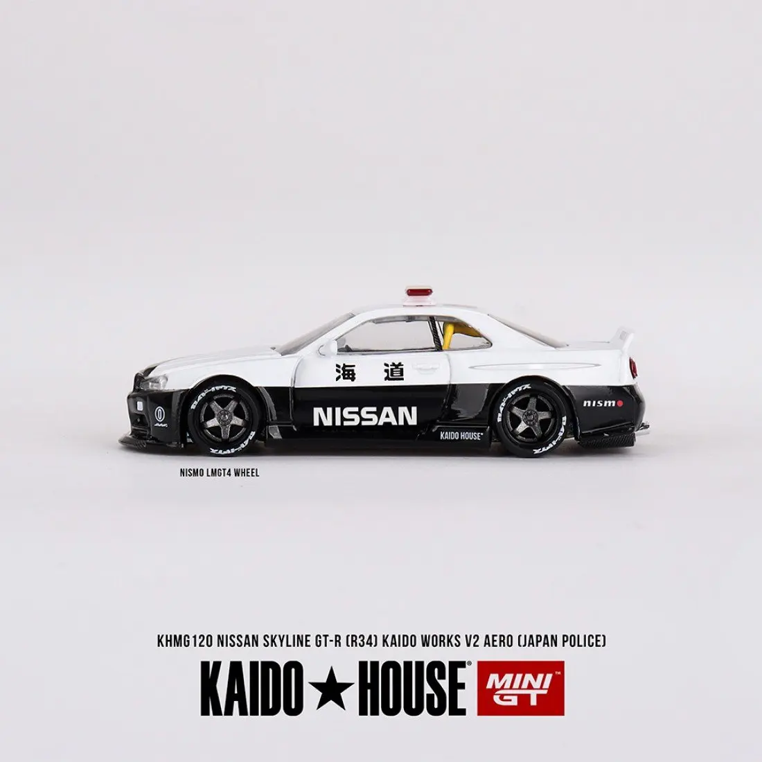 Mini GT x Kaido House KHMG120 1/64 Nissan Skyline GT-R R34 Kaido Works V2 Aero Police Diecast Scale Model Car