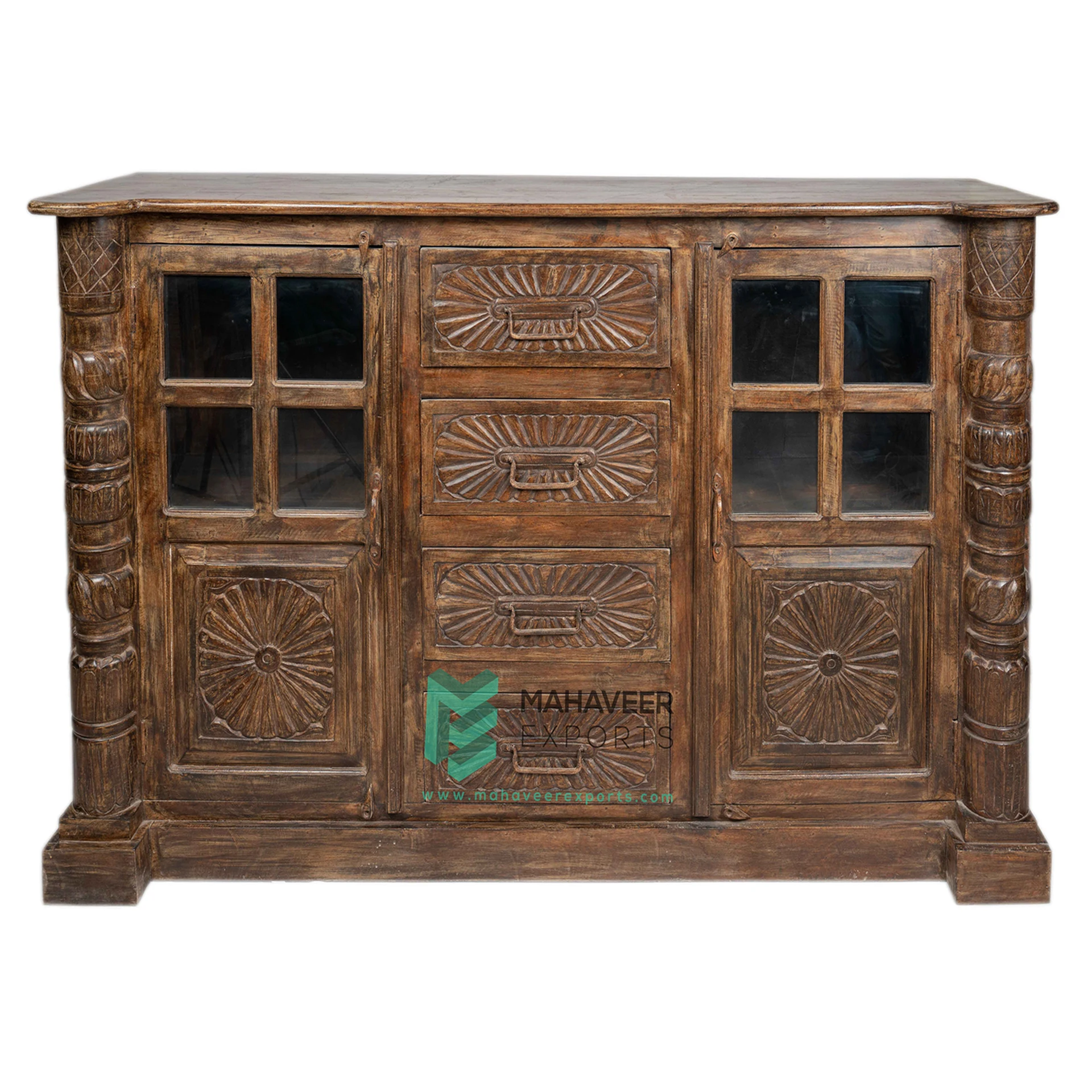 Hand Carved Wooden Two Door Four Drawer Sideboard Cabinet For Living Room / Kitchen Best Quality Multi-Functional Furniture