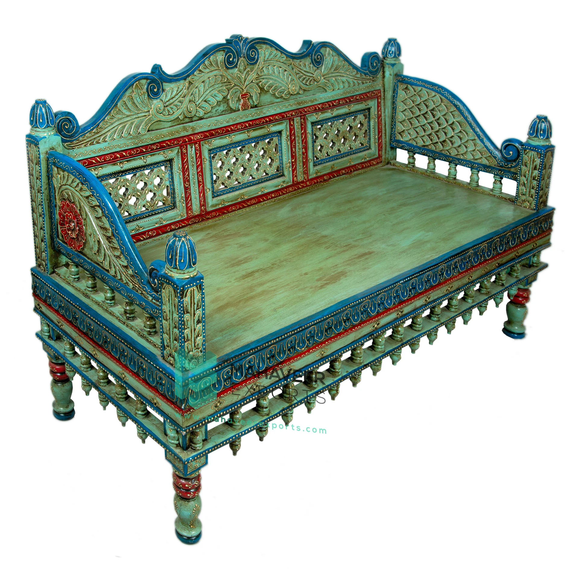 Hot Selling Wooden Jodhpur Style Sky blue Painted Carved Sofa Set (Set Of 4 Pcs) For Living Room / Bedroom Hand Carved Furniture