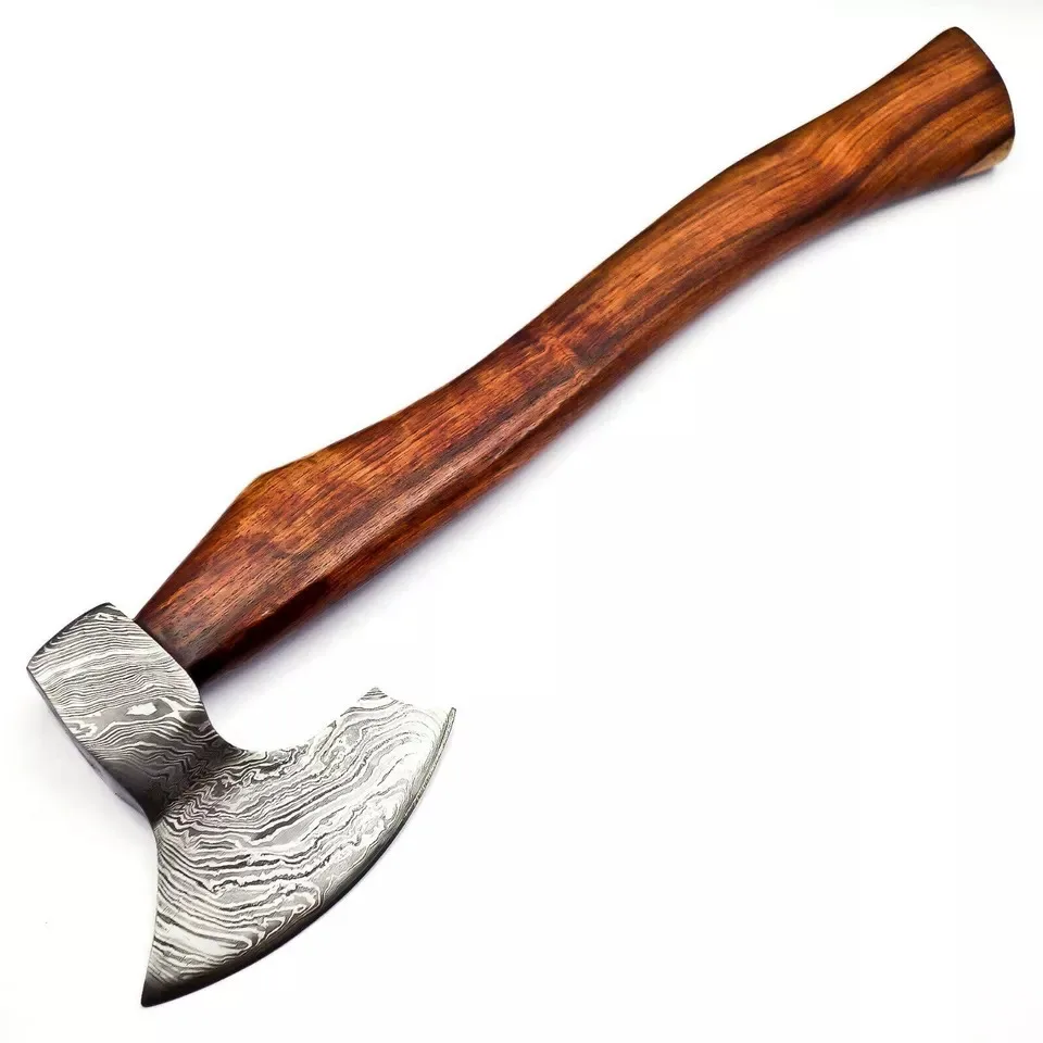 Professional Damascus Axe  Custom Handmade Damascus Steel Axe  Rose wood Handle and Leather Sheath