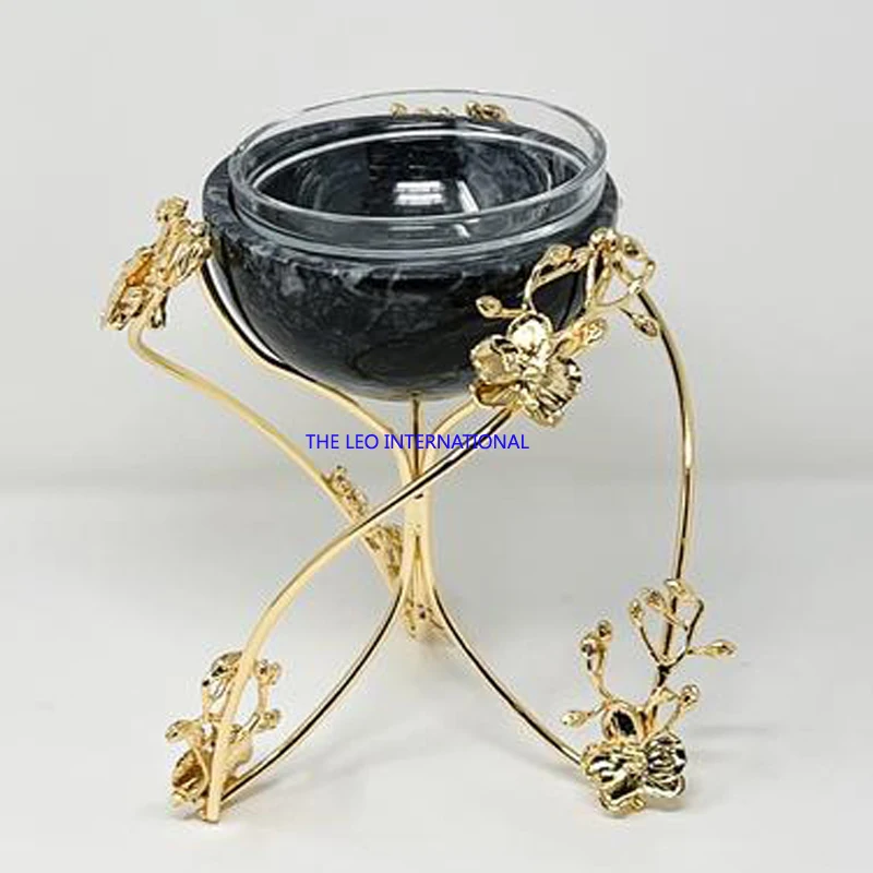 Rose Quartz Bud With Brass Enamel Flower Stainless steel mirror polish Pole Platter tray decorative bowl 6X6X6 Inch tableware