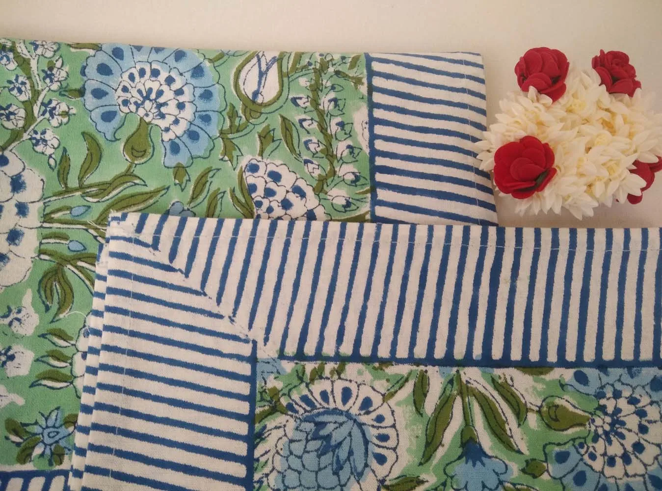 Green Indian Floral Hand Block Printed Cotton Napkins Reusable Garden Inspired Place Mats for Weddings Home Parties Handmade