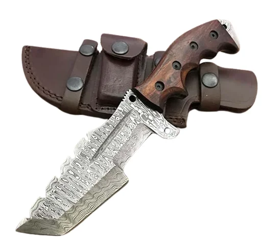 Multifunction Top Selling Fixed Blade Damascus Steel Tracker Knife with Wood Rose Handle & Leather Sheaths