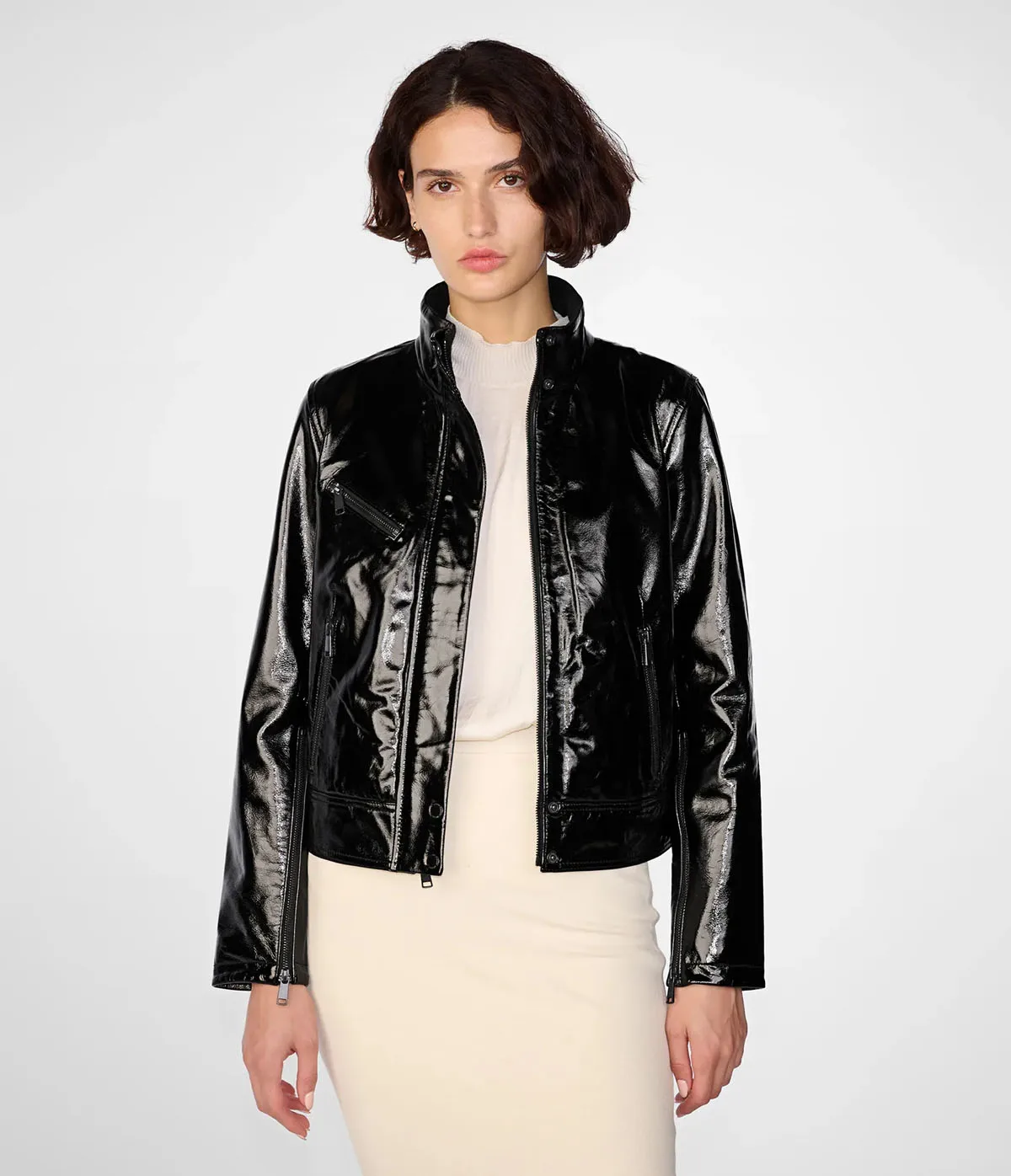 Black Shine Cropped Real Lambskin Racer Biker Style Leather Women Jacket with Stand Collar