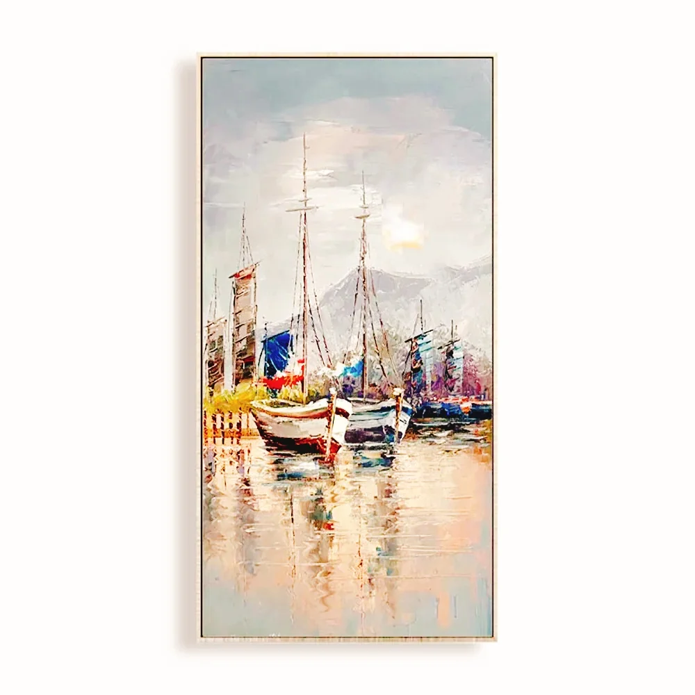 100% Real Hand Painted Oil Painting on Canvas,  Beautiful Boat Sea Sunset Landscape Oil Painting, for Home Decoration