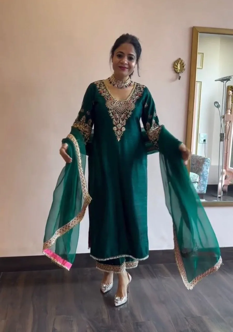 Fancy silk embroidery sequence work top palazzo with dupatta festival wear indian women wholesale price ethnic garment