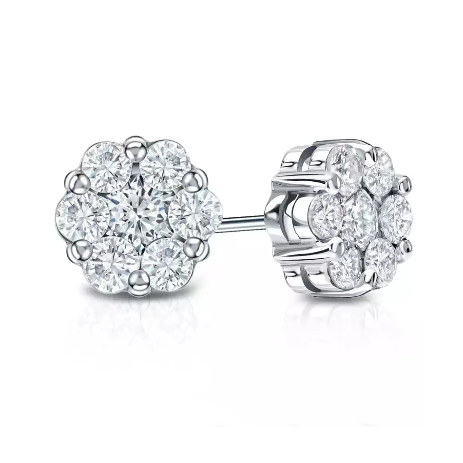 Sheetal Impex 1.00 Tcw SI Clarity FG Color Round Shape Real Natural Diamonds Studded 14 Kt White Gold Cluster Earring