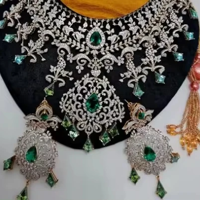 Moissanite and Synthetic Labgrown Emerald Necklace Set with 14k Rose Gold Handmade Bulk Product