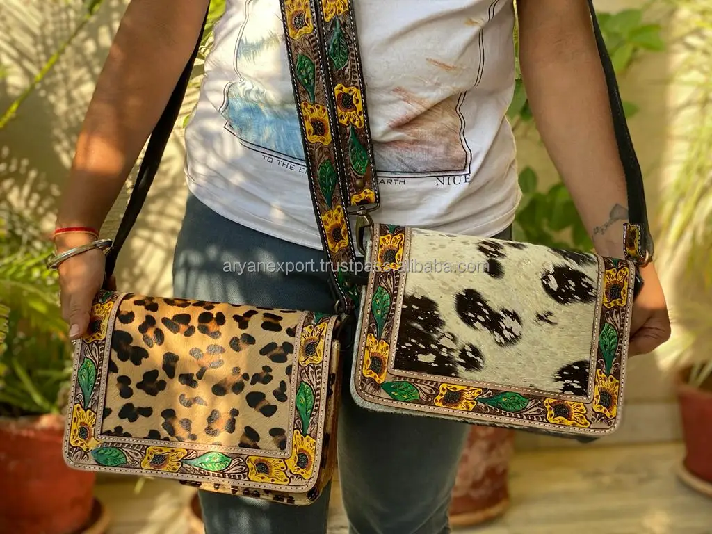 Real Handcrafted Tooled Metallic Fur Leather Handbag Western Women Hobo Crossbody Purse Custom Genuine Leather Shoulder Bag