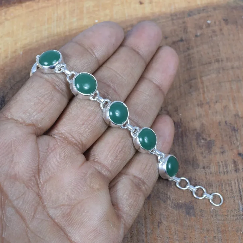 Natural Green Onyx Round Shaped Bracelet 925 Sterling Silver Bracelet Handmade Minimalist Stone Onyx Bracelet Jewellery