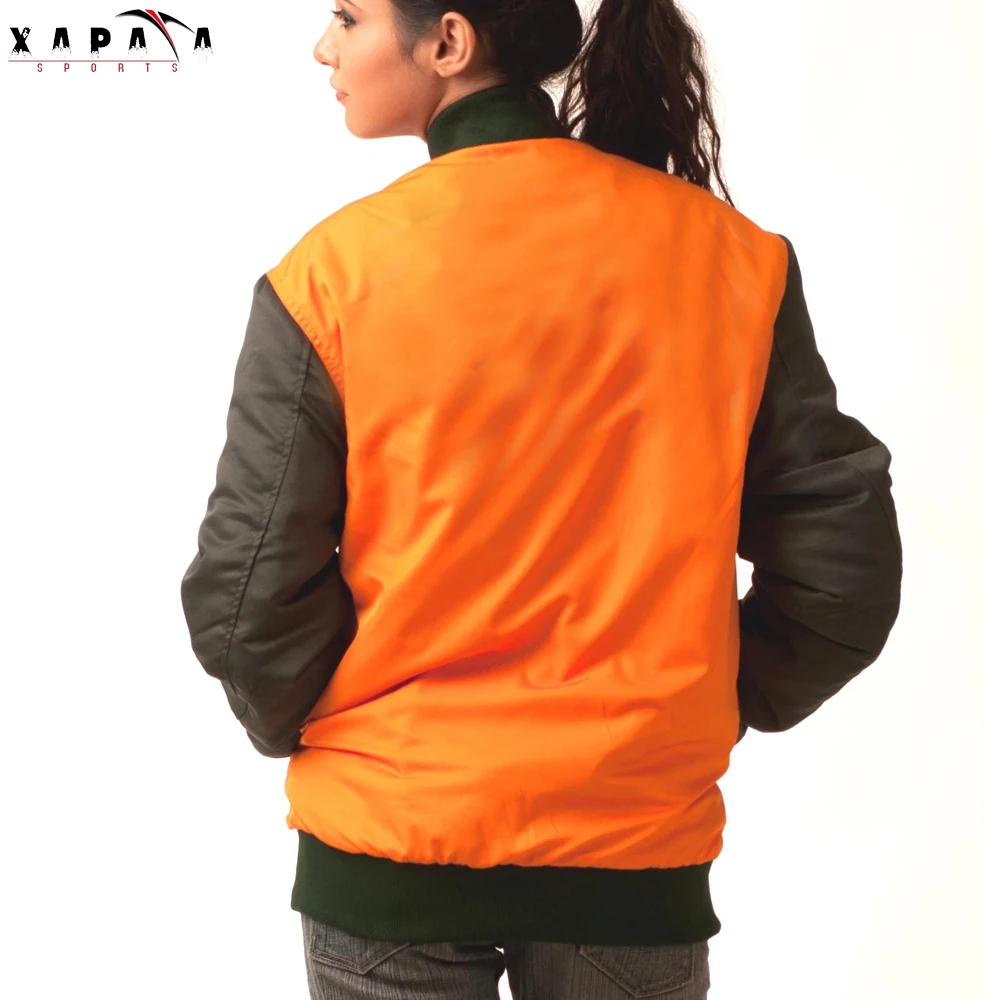 Custom Women Varsity Jackets Black Sleeve Orange Body Wool Women Outer Wear Light Weight Varsity Jackets By XAPATA SPORTS
