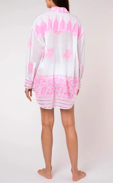 Warmer Weather Women Wardrobe Collection White Shirt In Neon Pink Dhaka Print  Boho Lady Instant Beach Style Coverup Shirt Dress