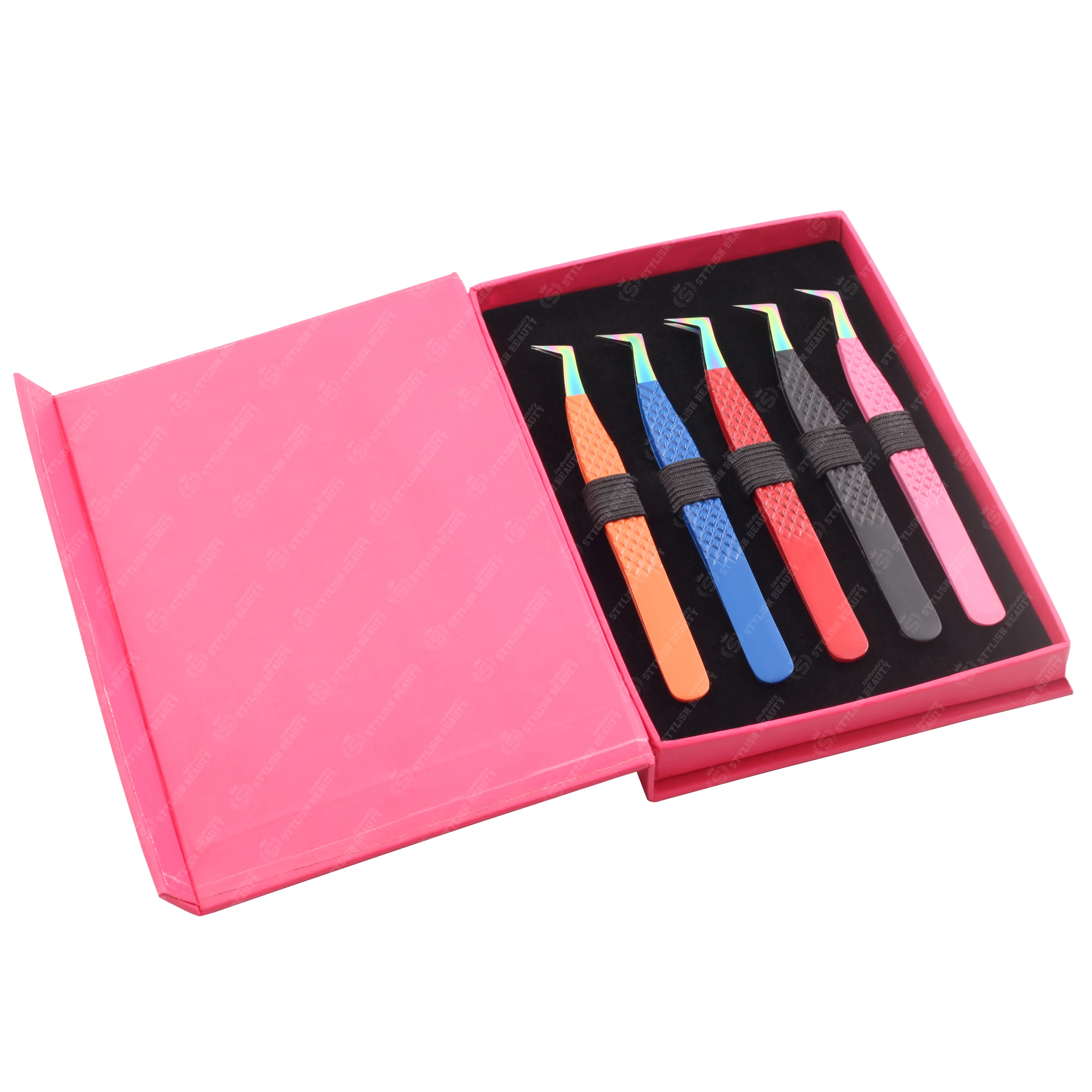 Lash Extension Tweezers Bulk Volume Eyelash Tweezers Plasma Black With Matching 5 Pieces Box Packing Custom logo