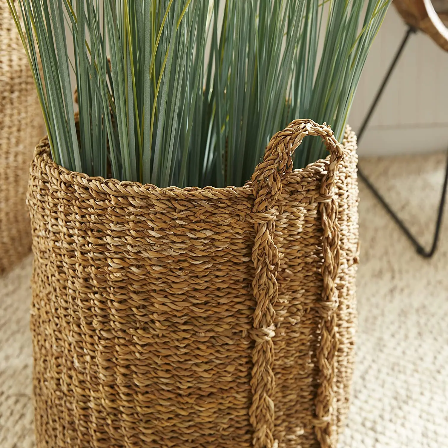 HOME Set of 3 Round Woven Sea Grass Storage Baskets Large Natural Handles Laundry Baskets Cat tail Basket