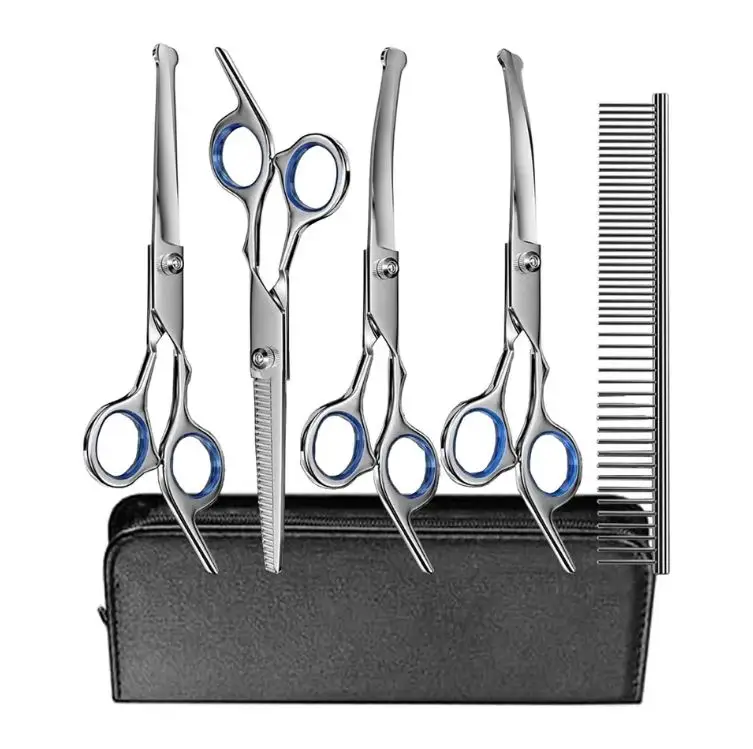 Wholesale Dog Grooming Scissors Set with Safety Round Tip Titanium Coated Curved Thinning and Straight Pet Grooming Scissors Kit