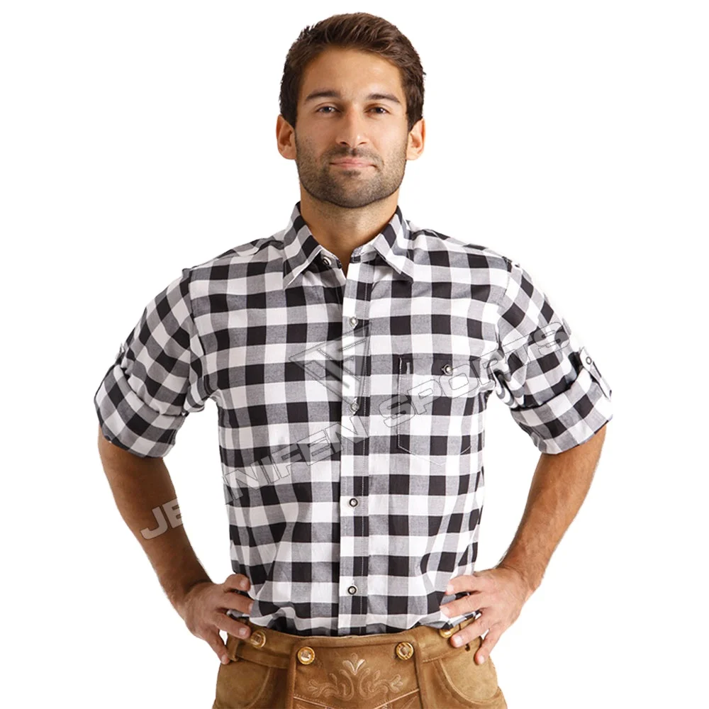 Традиционный стиль клетчатая ткань мужская Баварская рубашка 100% хлопок Длинные рукава пуговицы закрывающий нагрудный карман внутри тканая этикетка на шею
