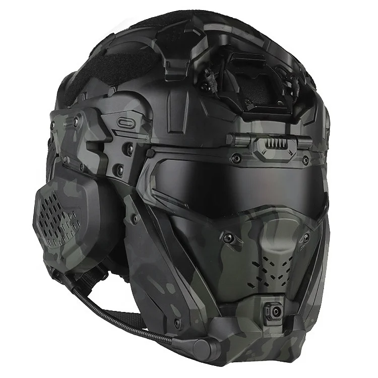 Wholesale Protector Equipment CS Training Black Camouflage Full Face Tactical Mesh Helmet With Headphone