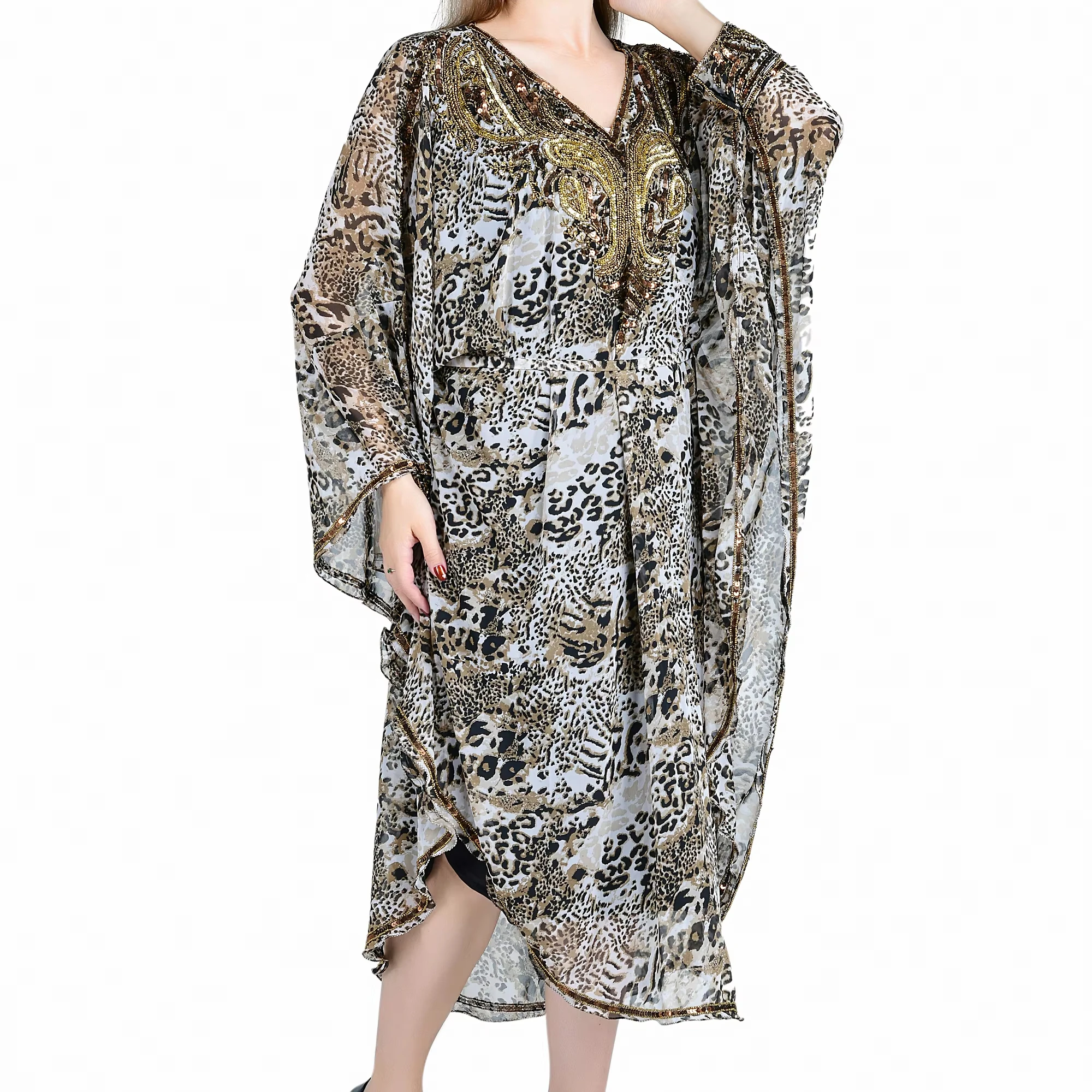 Leopard Queen Kaftan Animal Print Caftan Blouse Dress Attach Inner With Belt Heavy Embroidery Bead Work Party Club Wear