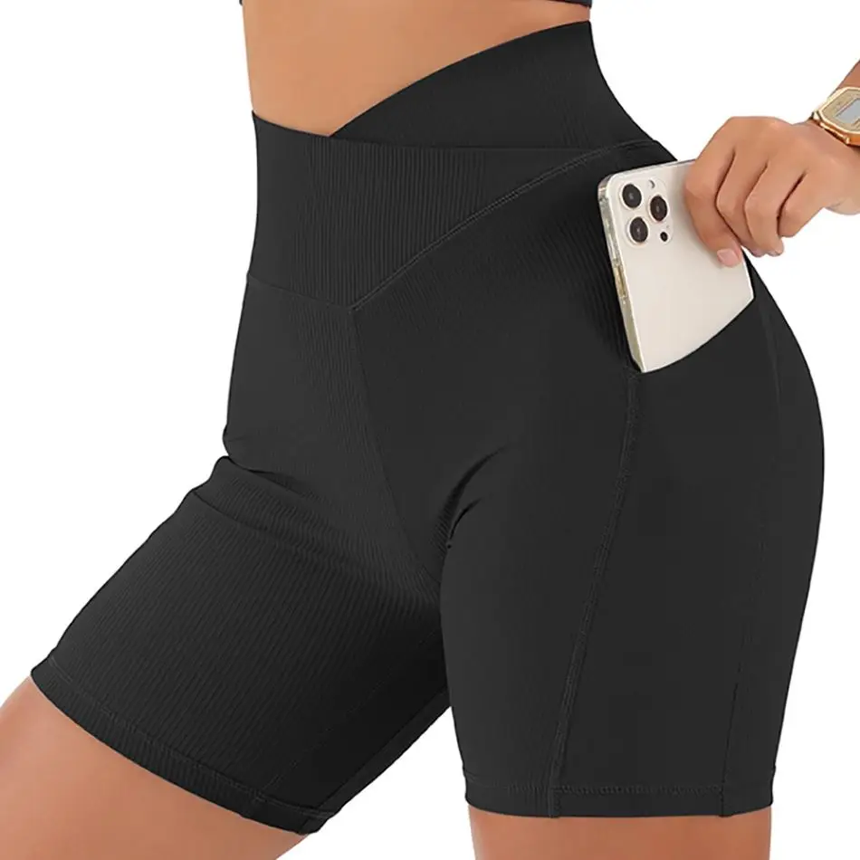 Summer New Side Pocket Shark Shorts Women Biker Shorts High Waist Sports Running Cycling Shorts Fitness Short Leggings wholesale