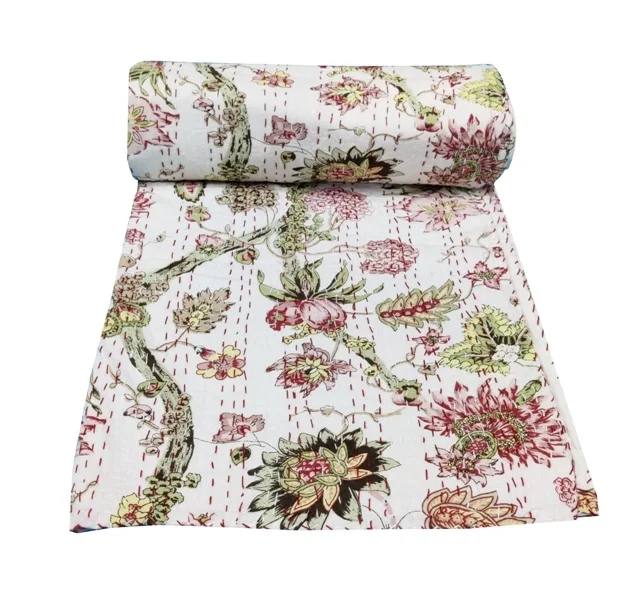 Хлопковое одеяло Kantha с цветочным принтом ручной работы, индийское одеяло Kantha, покрывало ручной работы, покрывало Kantha Twin/Queen/king Size