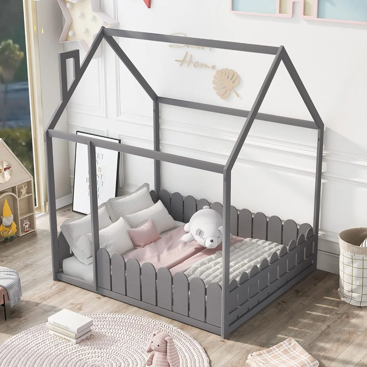 Adorable wooden kid bedroom furniture house shaped children bed sturdy wood toddler frame beds
