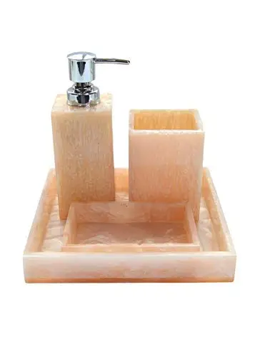 High-Quality Peach Tone Shade Design Ivory Resin Soap Holder, Dispenser, Tumbler and Tray Bathroom Accessory Set of 4 (Beige)