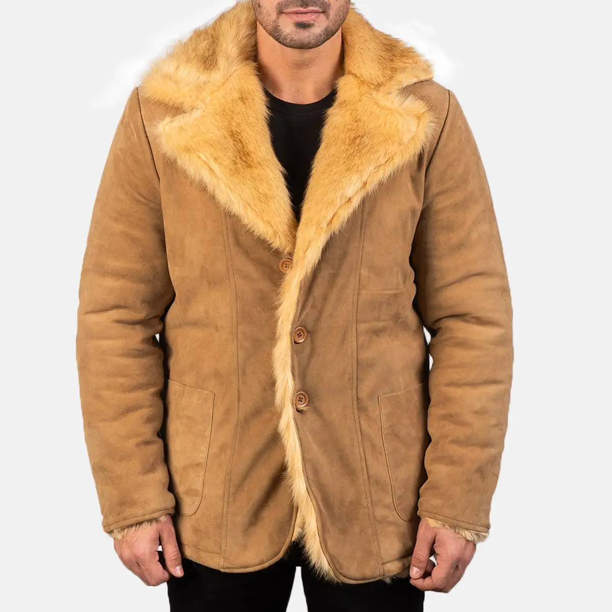 Orange with fully fur coats men leather jacket turn down collar 2 patch pockets button closure soft fur jackets