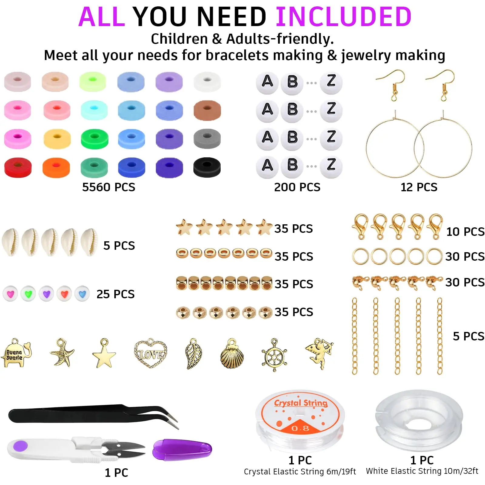3000pcs Jewelry Making Kit Preppy Bracelets 24 Colors Flat Round Polymer Clay Beads Toys