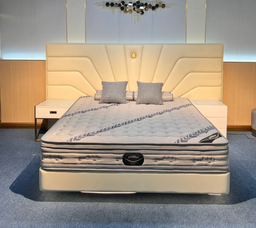 Queen size upholstered platform solid wood bed frame golden metal legs beige leather bedroom furniture soft bed