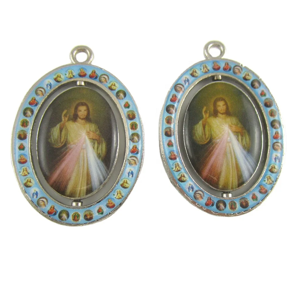 Double-sided Religious Jesus Christ Icon Rotating Cross Key Chain Divine Mercy Medal