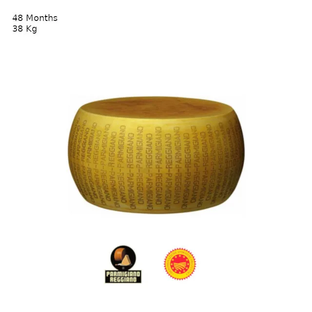 Best quality made in Italy 48 months slow maturation whole cheese 38 Kg. Parmigiano Reggiano hard italian cheese