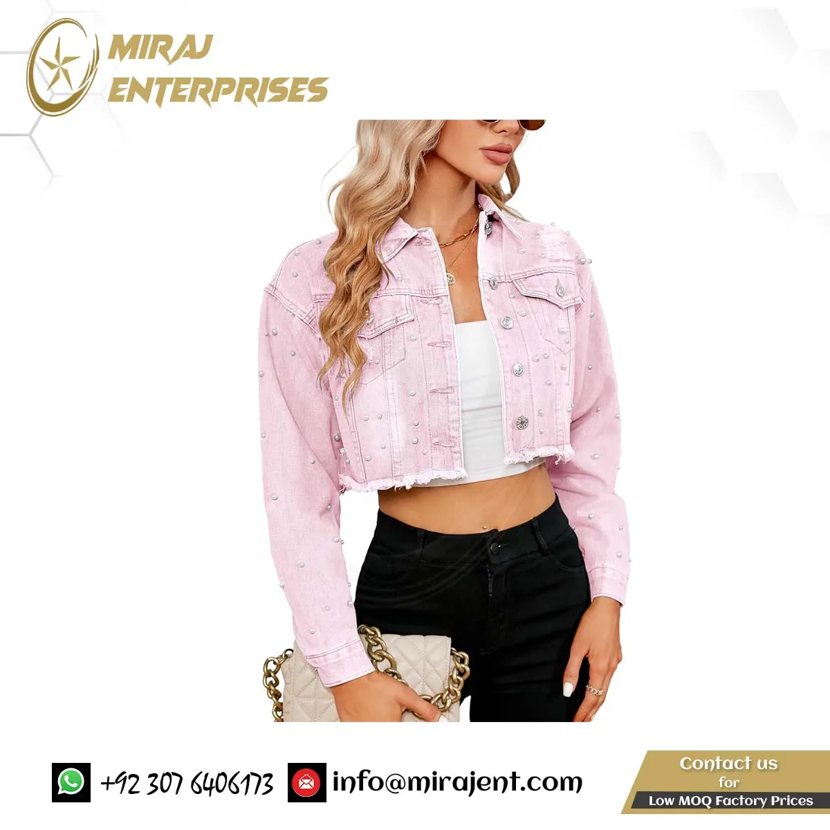 Women Cropped Rhinestones breathable Denim Jacket Long Sleeve Distressed Pearl Jean Jacket Coats