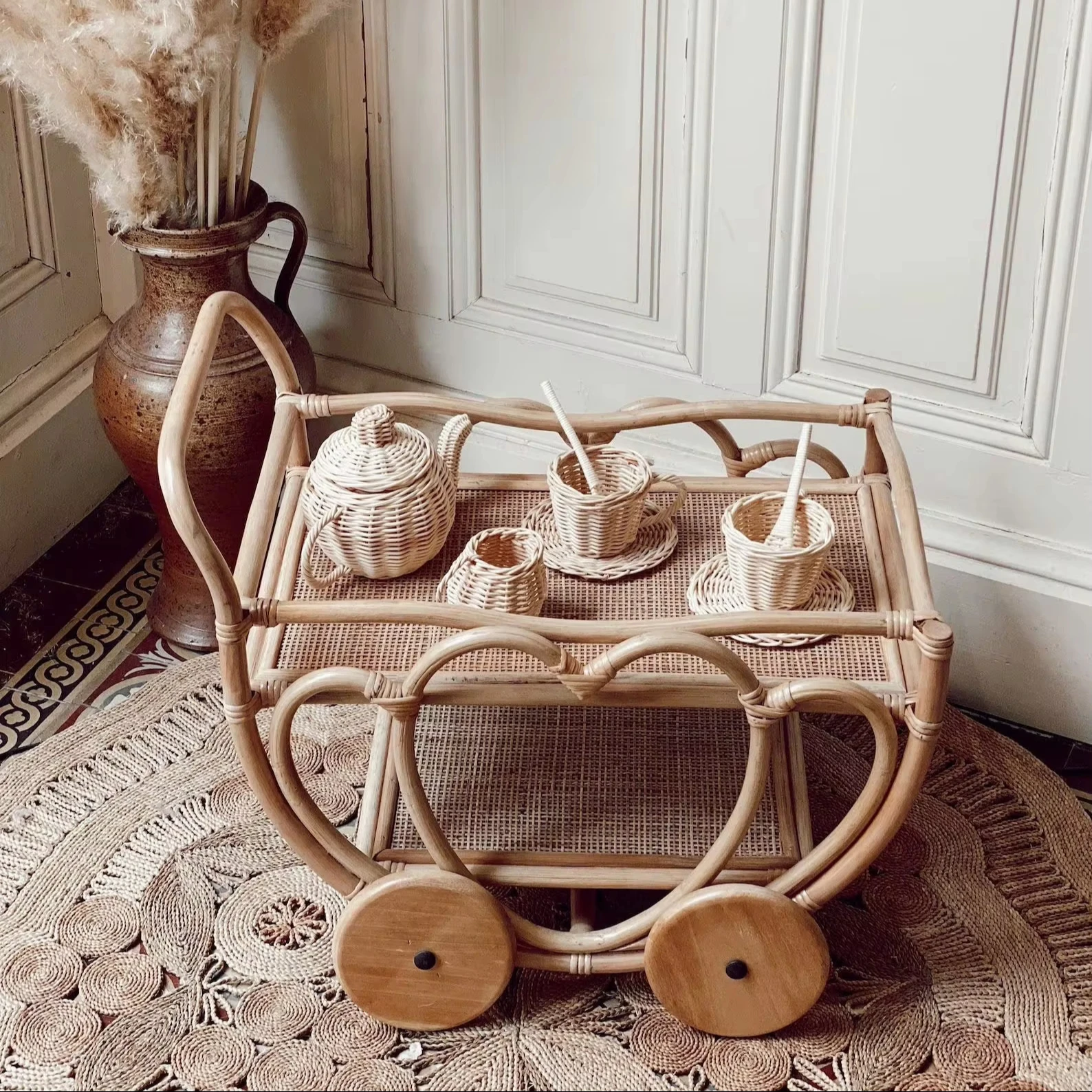 2-ярусная игрушка-тележка для еды из ротанга. Игрушечный автомобиль детей. Машина напитков