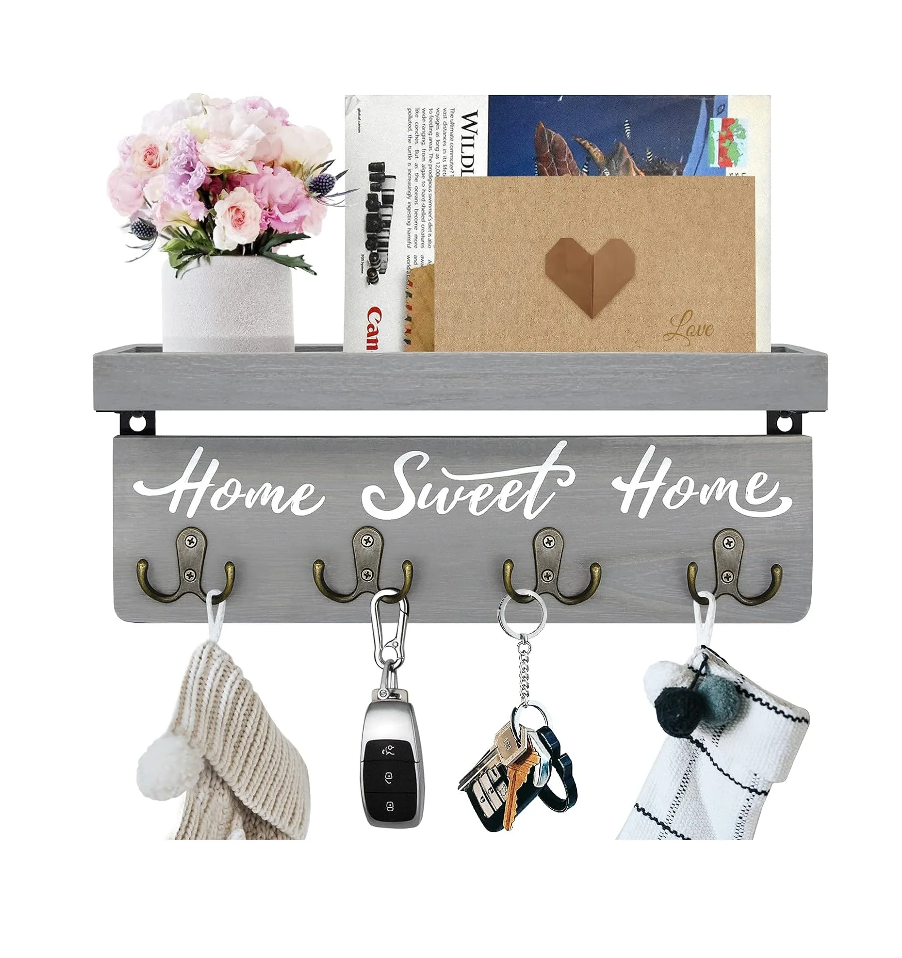 Настенный держатель для ключей и почты, деревянная стойка для ключей с 4 двойными крючками для ключей, деревенский домашний декор для входа (серый)
