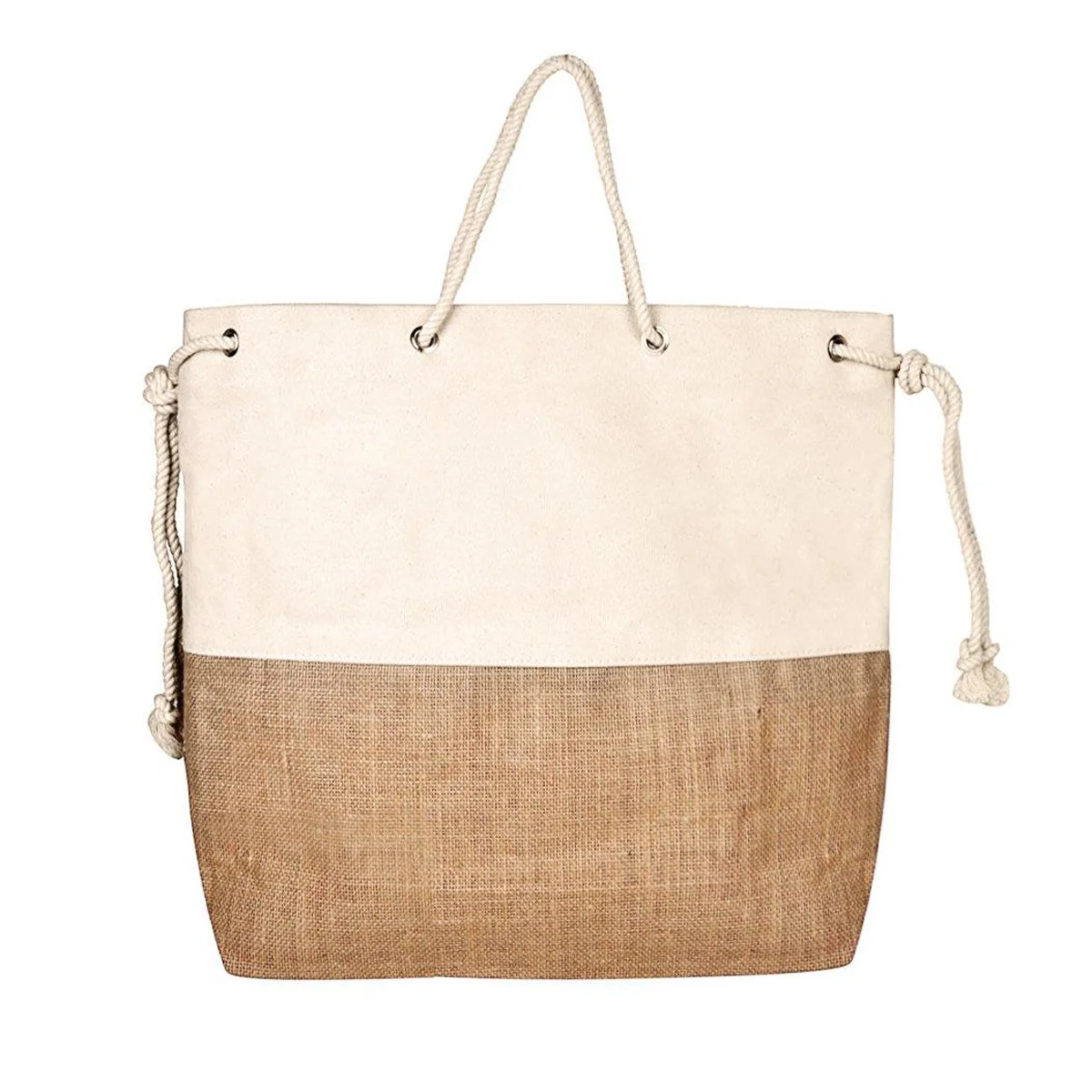 Eco friendly durable jute base cotton canvas summer beach bags with white cotton cord handle
