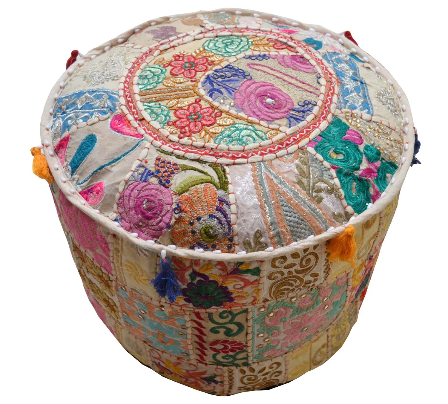 Ottoman pouf cover 22'. patchwork Bohemian Ottoman Handmade Patchwork Round Ottoman Pouf Cover Decorative Cover Embroidery