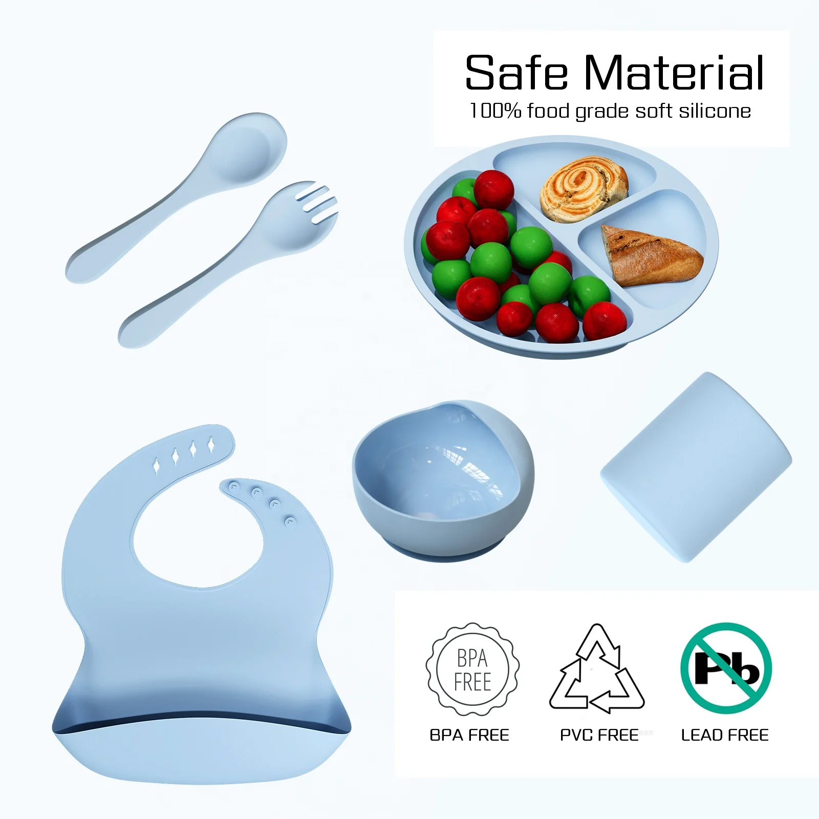 Oem Baby Feeding Supplies Food Grade Bpa Free Custom Logo 6 Pcs Tableware Silicone Baby Feeding Set For Kids
