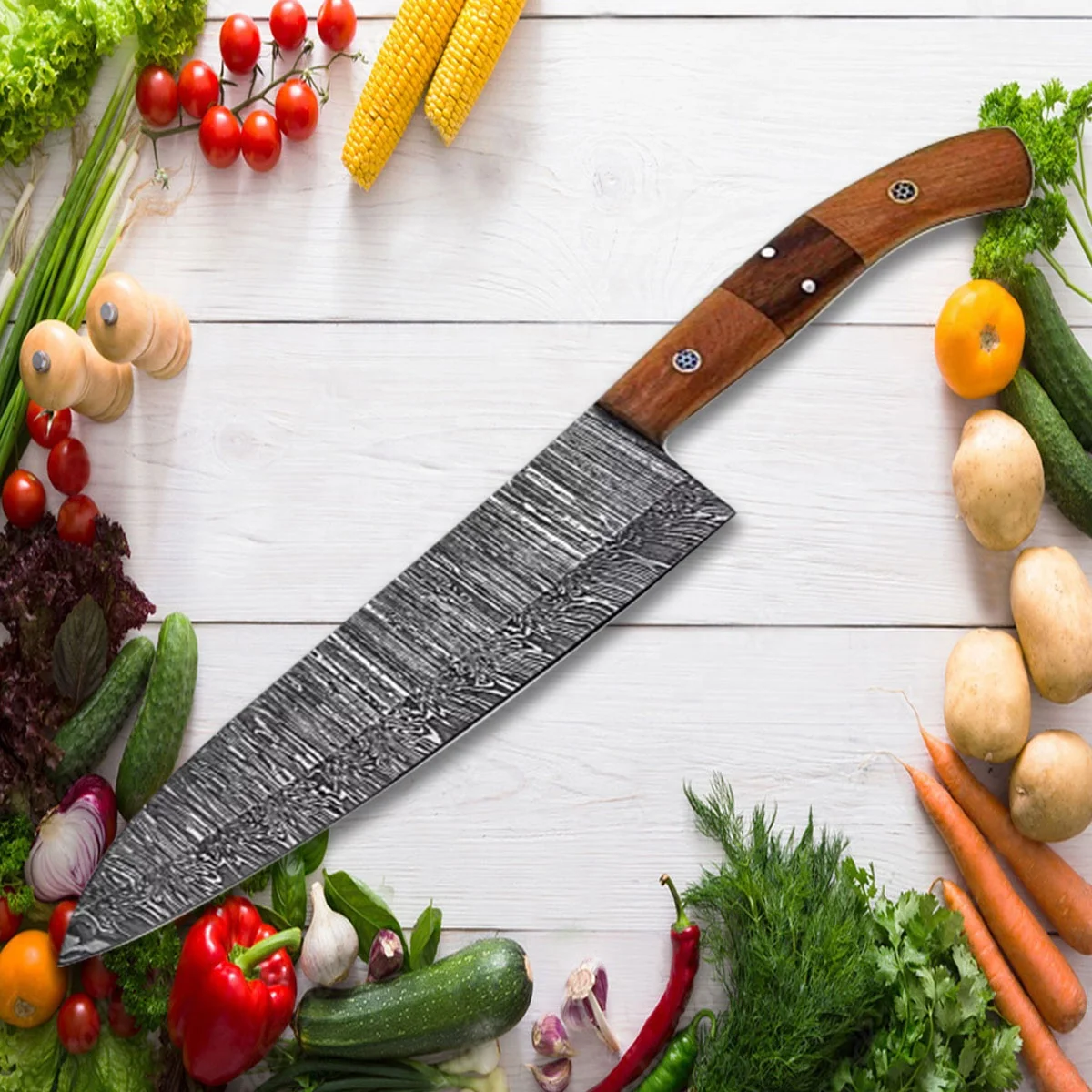 Handmade Damascus Steel Professional Chef Knife Set Custom Twisted Pattern with Resin Handle and Leather Sheath for Chopping