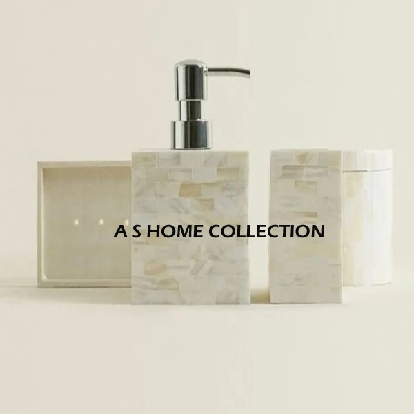Hot Newly Product Set Pack Metal Stainless Steel Mother Of Pearl Inlay Bathroom Accessories Set Storage Basket Home Decorations