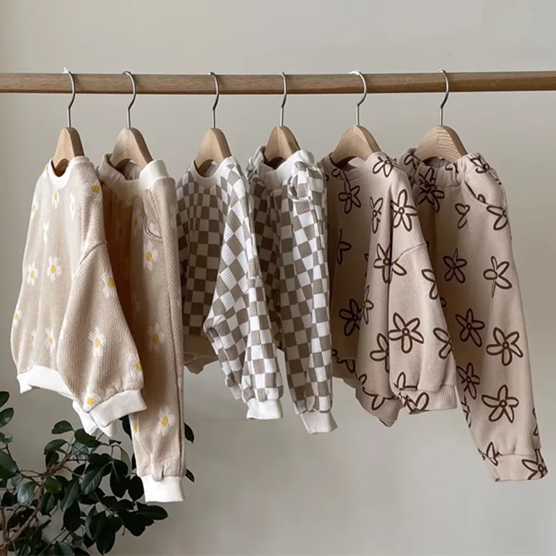 Flowers Checker Prints Waffle Joggers Set Infant Toddler Baby Fall Clothes Cozy Suits