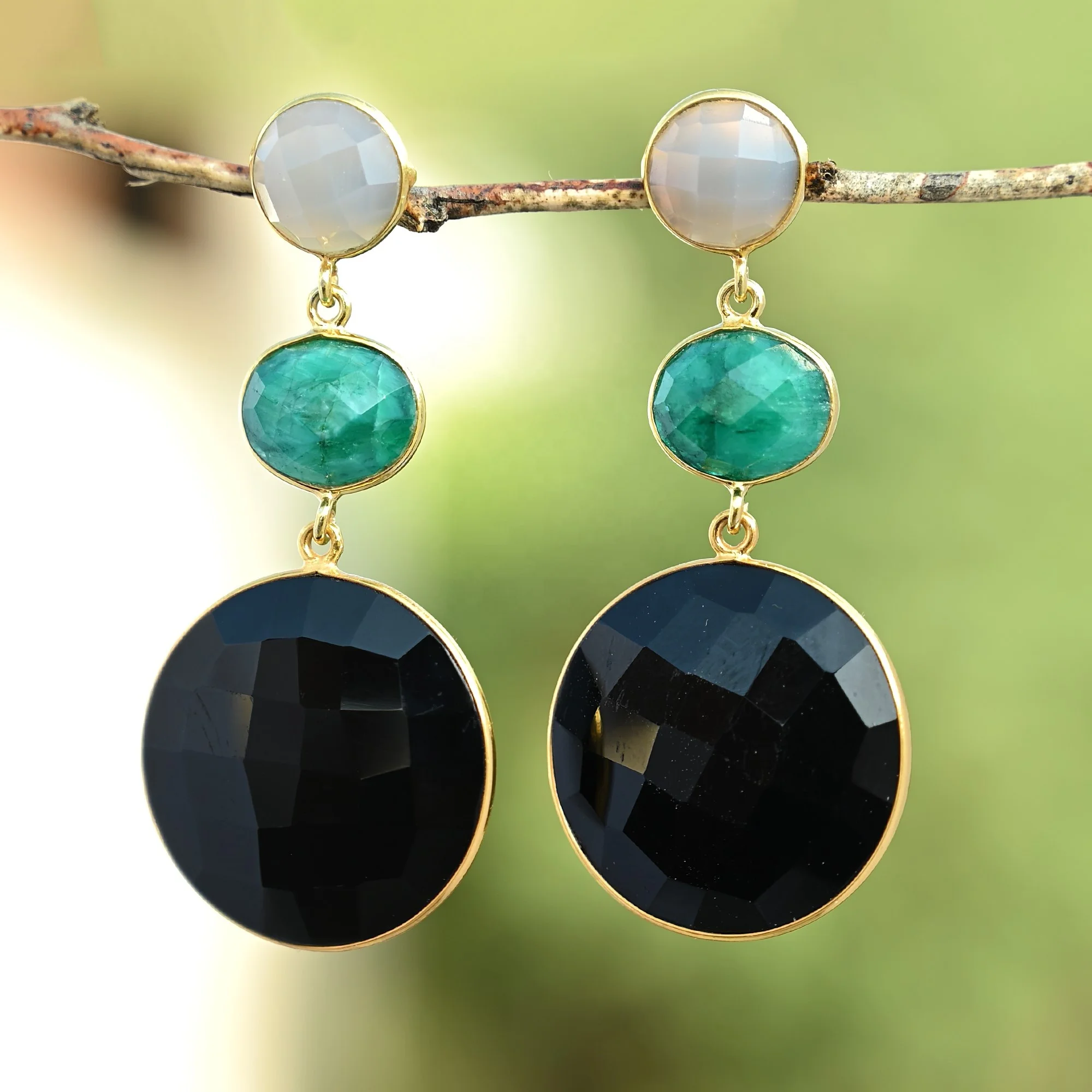 Natural Grey and Dyed Emerald and Beautiful Black Chalcedony Gemstone Long Earring Drop Earring for Women and Girls