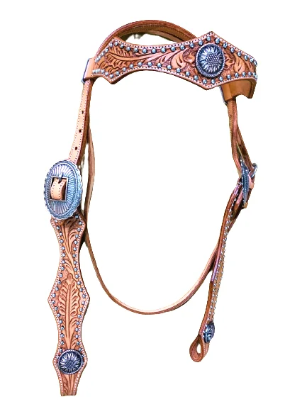 Top quality Western leather Headstall with very fine hand tooled and  carving with brass fancy buckle with  studs