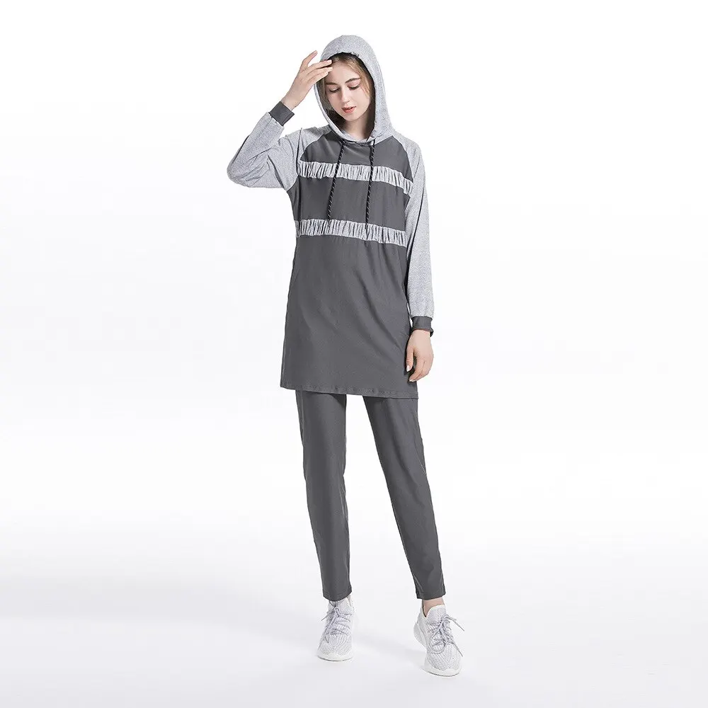 2 piece Block Stripe Casual Arabic Islamic Women Outfit Muslim Hoodie Top Long Pant Sweatsuit Tracksuit Sport wear